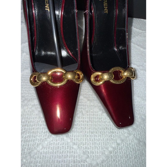 Luxury Saint Laurent Burgundy Patent Pumps - Gold Chain Accent Size 6.5 - Picture 6 of 12